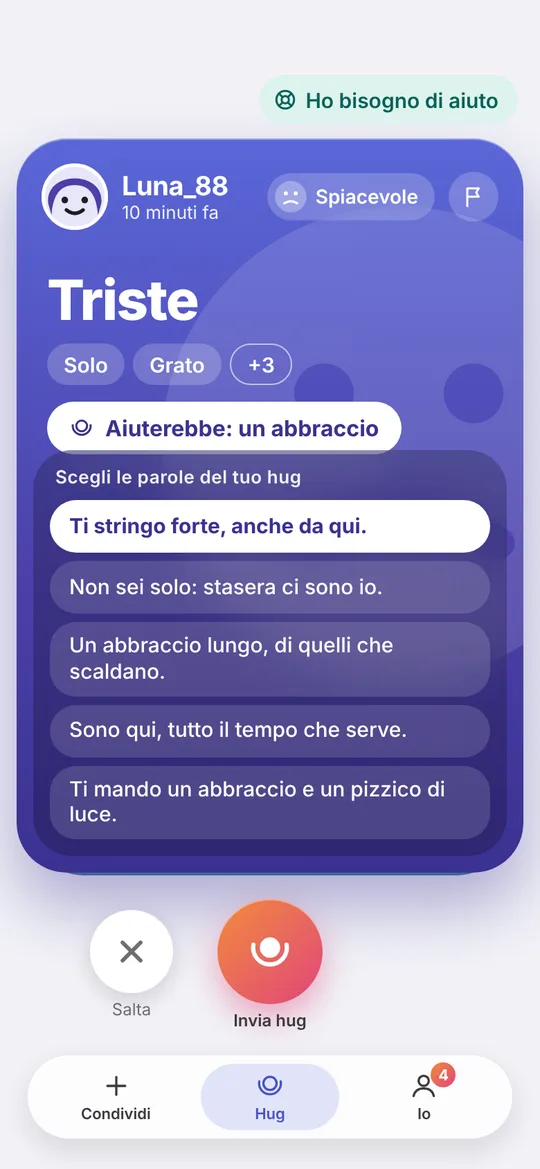 La schermata Manda hug: la carta di Luna_88, che si sente triste, con cinque messaggi gentili tra cui scegliere e il pulsante Invia hug.